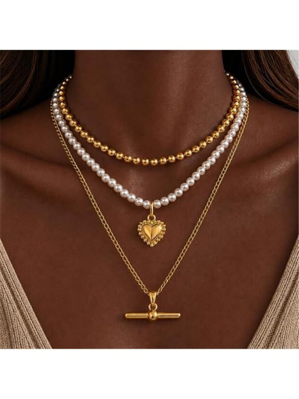 Layered Heart Pearl T Bar Necklace